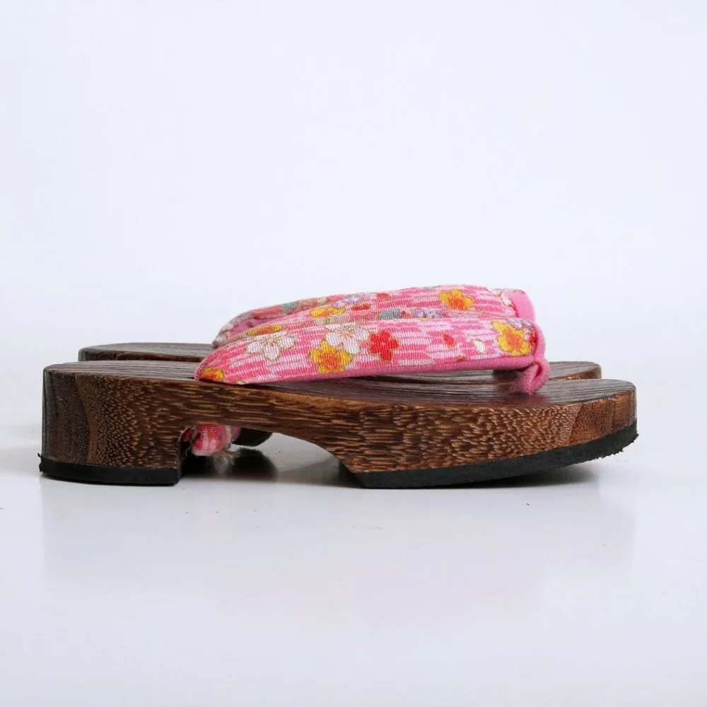 Japanese Wooden Floral Geta Sandals Pink Girl‎ Size 13.5